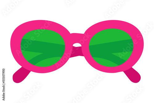 Vector clipart of bright round pink sunglasses with vivid green lenses, stylish retro summer accessory.