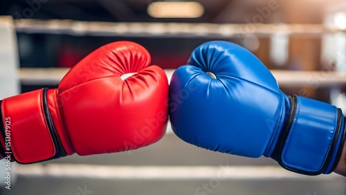 Intense Boxing Match with Red and Blue Gloves Clashing in a Dynamic Fight Under Bright Arena Lights