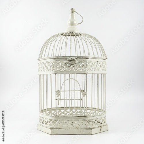 Vintage birdcage isolated on white background for decorative purposes and event centerpieces.