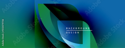 Abstract gradients blend blues, greens. Overlapping shapes create dynamic visual effect. Text reads background design. Modern, vibrant composition.
