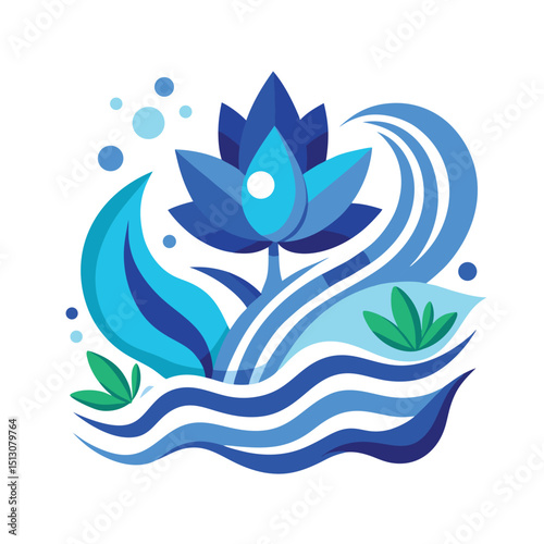 Elegant blue lotus flower blooming in a decorative artistic watery environment illustration