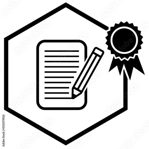 A clean, scalable SVG icon featuring a document, pencil, and quality badge within a hexagonal frame, ideal for representing reports, certification, or high-quality documentation.