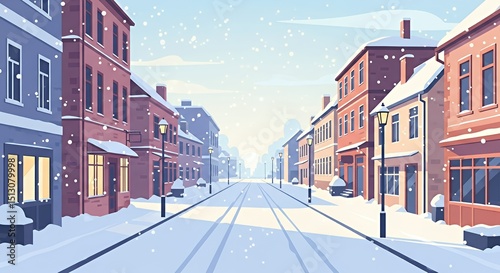 Snowy Street Scene with Buildings and Streetlights Winter Illustration