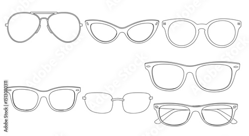Collection of seven different styles of eyeglasses and sunglasses in a line drawing format style design