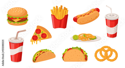 Illustration showing a variety of fast food items including burger fries pizza and tacos and drinks too