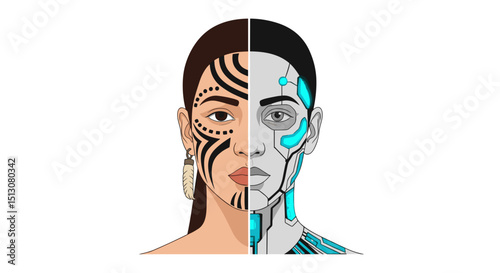 Portrait of a woman split between tribal face paint and a cyborg face with blue accents and white skin