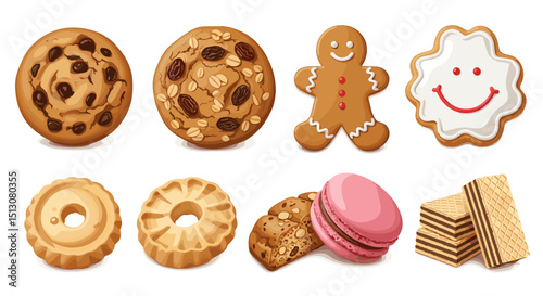 An assortment of decorated cookies including gingerbread man and wafers on a white background image