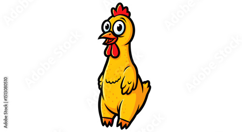 Cartoon chicken standing upright with yellow feathers and a red comb looking forward intently