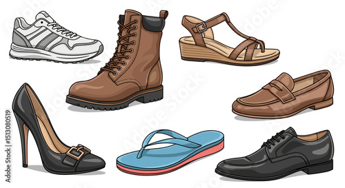 Illustration showcasing a diverse collection of footwear including sneakers boots heels and sandals displayed