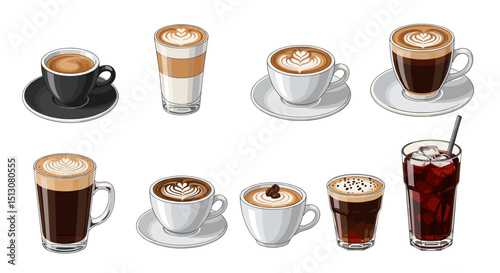 An assortment of coffee drinks displayed in various cups and glasses with different latte art designs