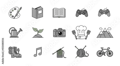 Illustration showcasing hobbies with art palette, books, game controllers, and outdoor activities items