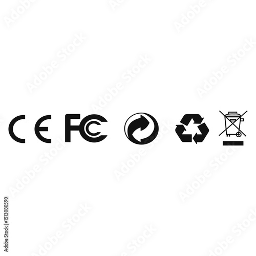 FCC RECYCLE TRASH BIN WEEE CE BLACK SIGN ICON Vector