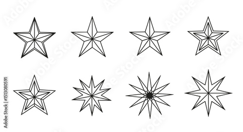 Collection of eight outlined star shapes with varying points and internal line details for design use