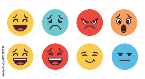 Illustration of eight colorful oval shaped emoji faces expressing different human emotions and feelings