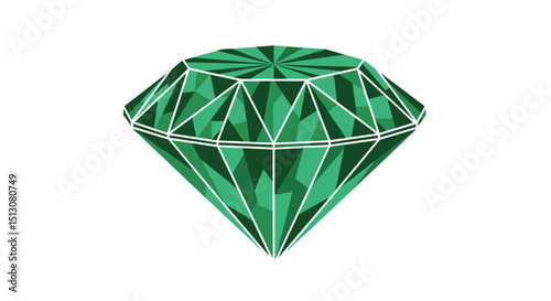 Illustration of a faceted emerald gemstone with white outlines on a plain white background art