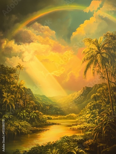 A mystical summer scene with glowing clouds and a rainbow arching over a serene tropical landscape