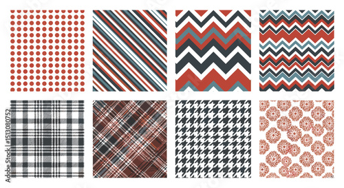 Assorted textile patterns featuring dots, stripes, zigzags, plaid, houndstooth and floral designs