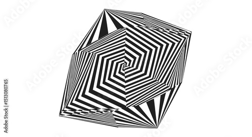 Abstract geometric shape with black and white stripes creating an optical illusion effect on white background