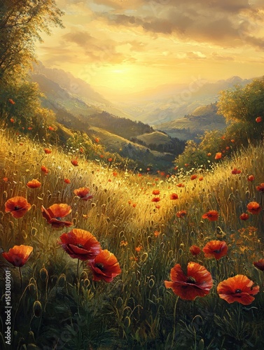 A mystical summer valley filled with glowing poppies, bathed in golden sunlight and surrounded by gentle rolling hills 