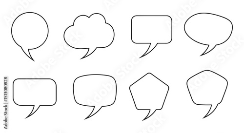 Collection of eight different shaped speech bubbles with black outlines on a white background design element