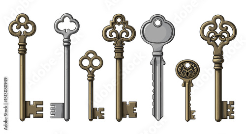 A collection of seven antique keys with intricate designs and varying metallic finishes displayed upright