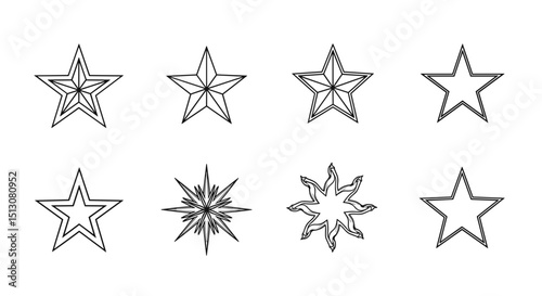 Collection of eight outlined stars with varying designs and internal line arrangements visible here