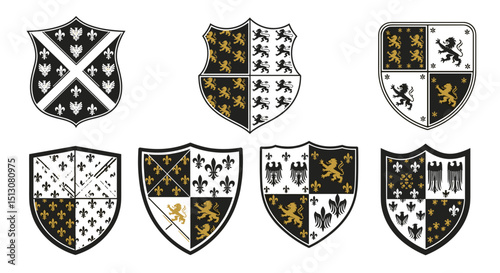Collection of heraldic shields featuring lions, fleur de lis, and other design elements in black and gold