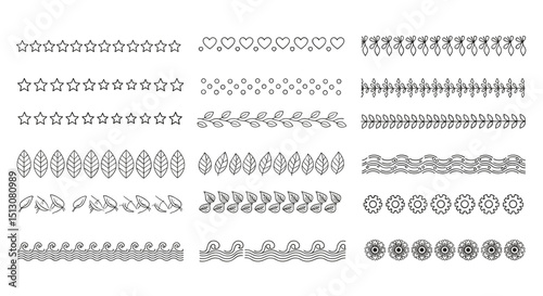 Collection of decorative borders featuring stars hearts leaves waves and floral elements in black and white