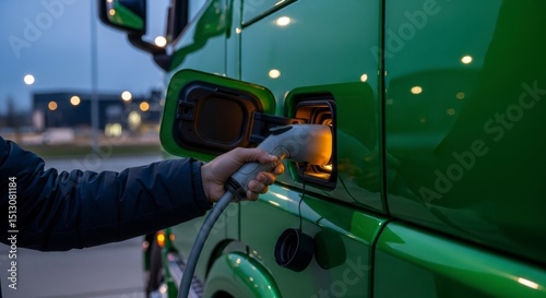Driver plugs charging cable into a green electric truck at a charging station at dusk.