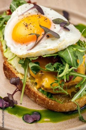 Delicious open-faced sandwich with egg and greens
