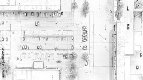 Parking lot layout with vehicles and surrounding buildings captured from an aerial perspective at midday