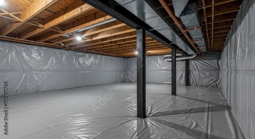 Clean encapsulated crawl space or unfinished basement with gray plastic barrier and wooden joists