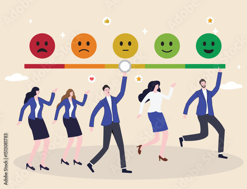 Customer feedback rates experiences with products and services through surveys, opinions, and reviews to assess results. The man aiming for top ratings smiles confidently.