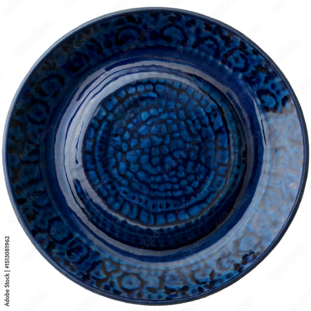 Fototapeta premium ceramic plate, intricate blue patterns, concentric circles, detailed textures, high-quality ceramics, abstract design, glossy finish, handcrafted appearance, elegant tableware, sophisticated artwork 