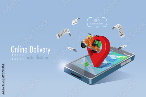 Online food delivery service.  Scooter on smartphone map pin with receipt bills. 3D vector.