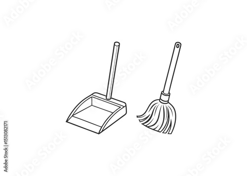 Minimalist outline illustration of a mop and dustpan on a black background