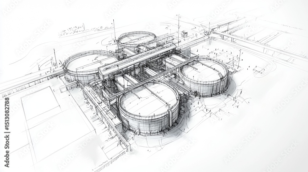 Obraz premium Innovative architectural design of a wastewater treatment facility showcasing modern engineering and sustainable practices in urban planning