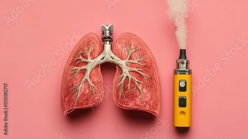 Lungs with e-cigarette exhaling vapor on pink background