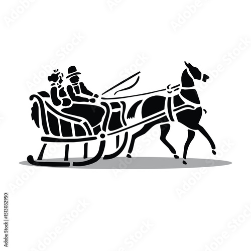 Vintage Horse-Drawn Sleigh Silhouette Vector – Man and Woman Riding in Classic Winter Sleigh, Minimal Black and White Illustration, Holiday Scene, Retro Style, Christmas Icon, Elegant Graphic