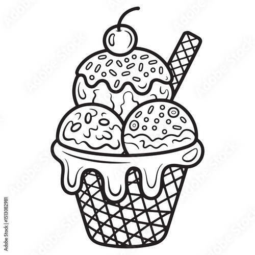Ice Cream Sundae with Cherry and Wafers | Summer Treat Line Art Coloring Page