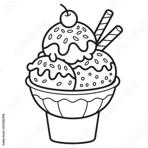 Ice Cream Sundae with Cherry and Wafers | Summer Treat Line Art Coloring Page