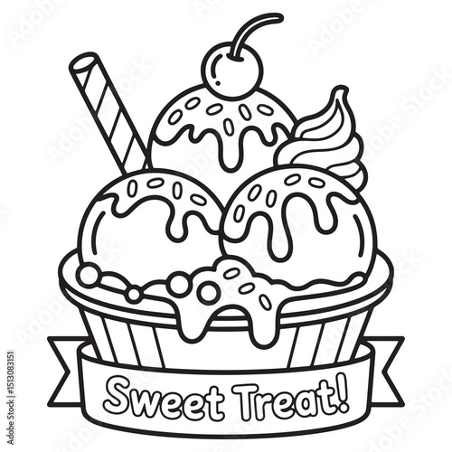 Ice Cream Sundae with Sprinkles and Cherry | Sweet Summer Line Art Coloring Page