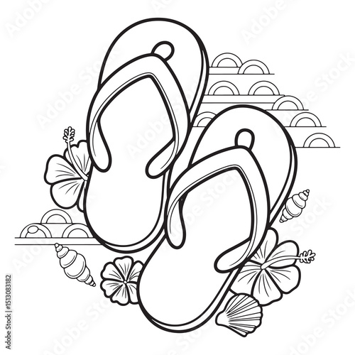 Flip Flops with Shells and Sand | Cute Summer Line Art Coloring Page