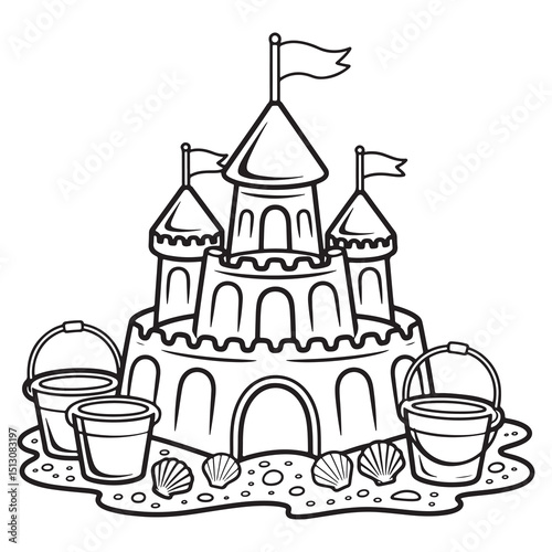 Sandcastle with Buckets and Shovel | Summer Beach Line Art Coloring Page