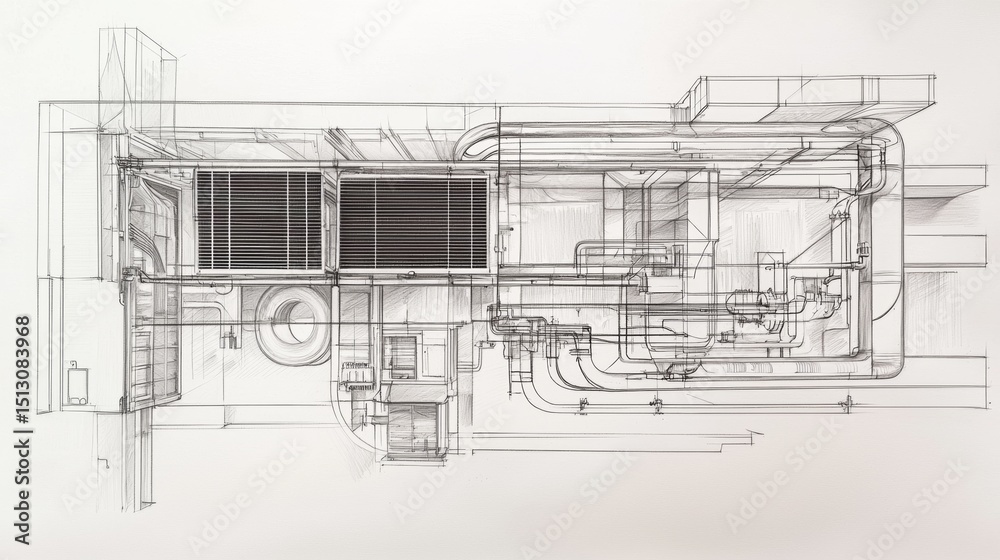 Obraz premium Detailed architectural sketch of mechanical systems in a commercial building
