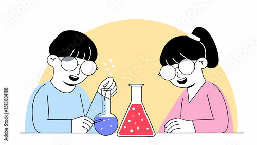 Two children scientists conducting a science experiment in a lab