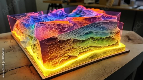 Colorful illuminated topographic model showcasing terrain