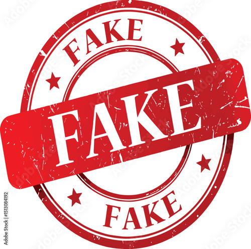 A red and white stamp with the word fake written on it in bold letters with some stars around it