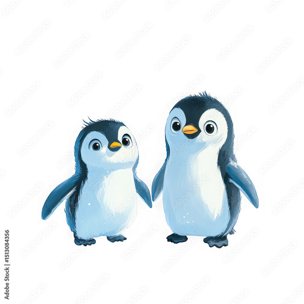 Fototapeta premium Two cute penguins holding hands on transparent background