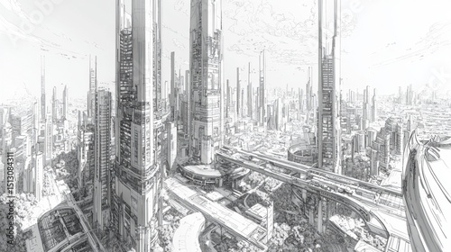 Futuristic city skyline showcasing towering skyscrapers and intricate transportation systems under a clear sky
